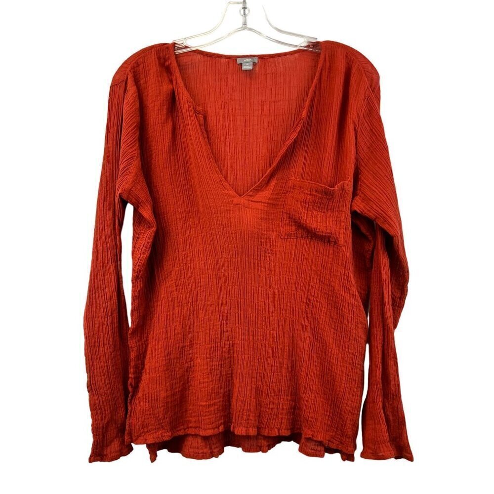 Aerie Womens V-Neck Lightweight Pullover Crinkle Blouse Burnt Orange Small